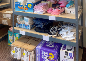 shelves with household items on it