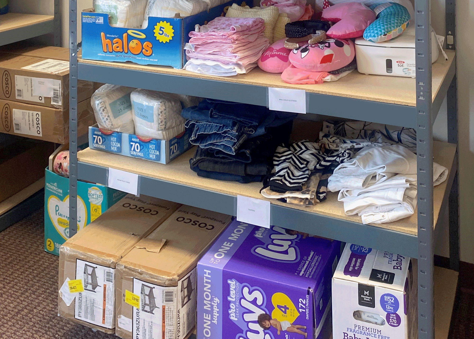 shelves with household items on it